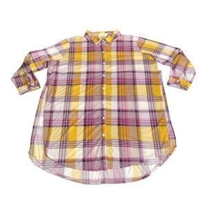 Paper + Tee Shirt Women 3X Plaid Tunic Duster Roll Tab Long Sleeve Slit Cover Up